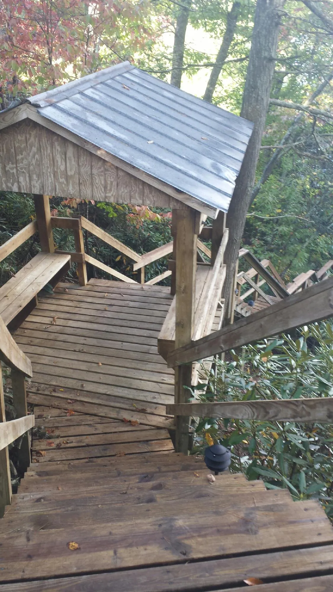 Metal roofed shelter over wooden steps on a wooded walkway — Skylight Repair & Installation work by our crew in Butner